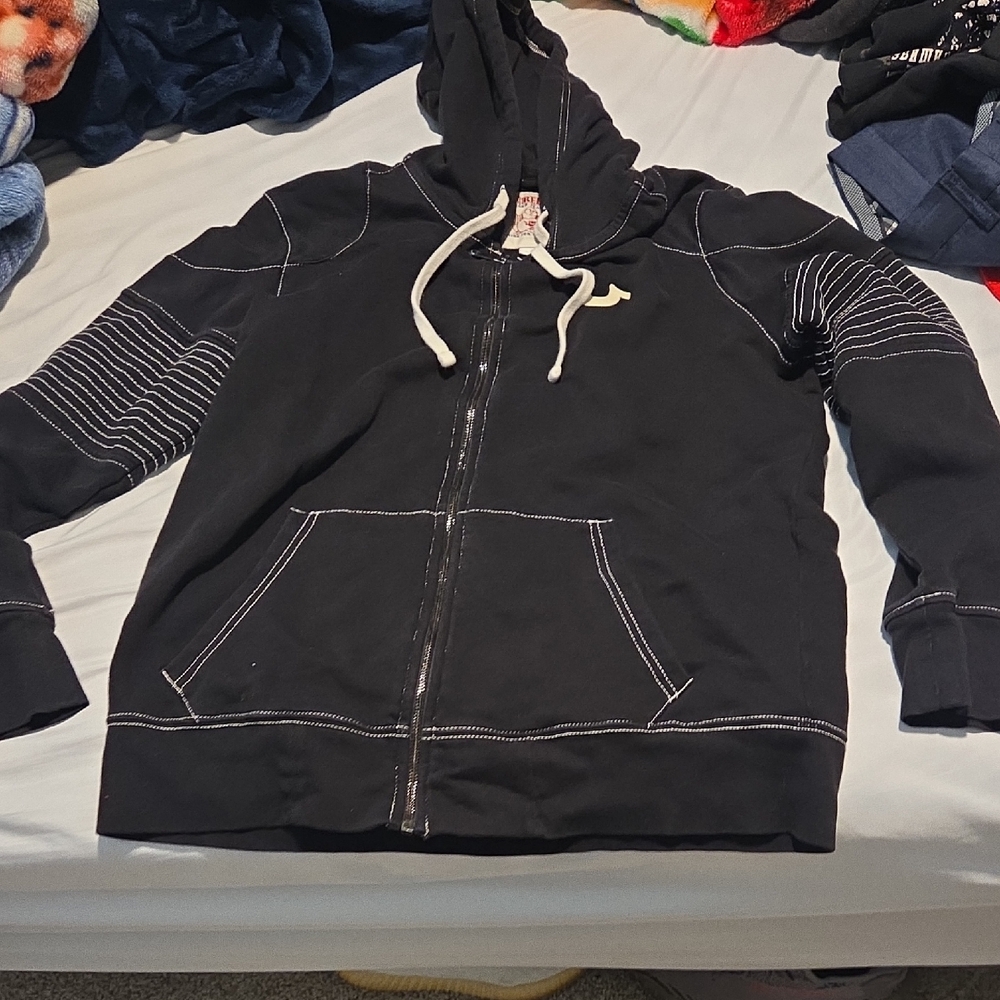 True Religion Black Zip-Up Hoodie with White Contrast Stitching